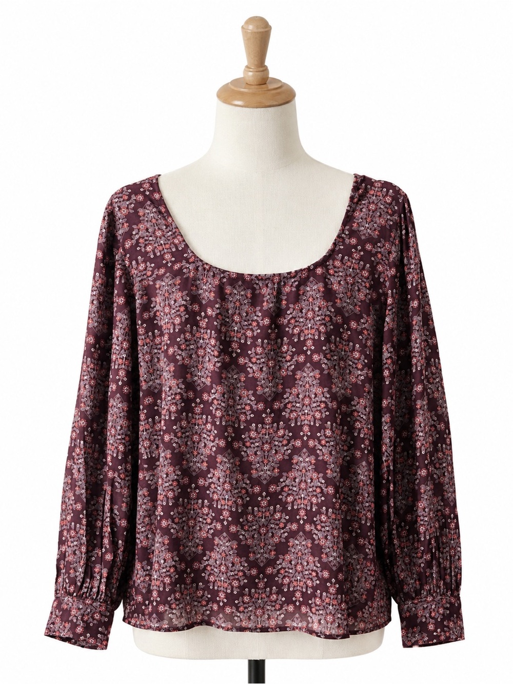 LOFT Burgundy Floral Scoop-Neck Long Sleeve Top, Size L